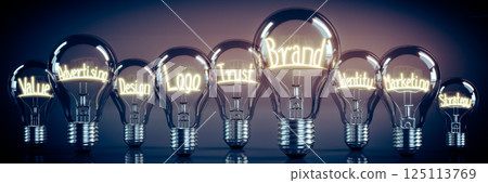 Brand, advertising, marketing concept - shining light bulbs - 3D illustration 125113769