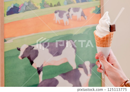 Soft serve ice cream with a farm-style illustration background 125113775