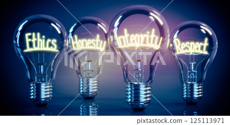 Ethics, honesty, integrity, respect - shining four light bulbs - 3D illustration 125113971