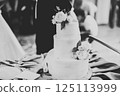 Luxury decorated wedding cake on the table 125113999