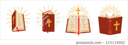 Bible Logo Set. Open Book, Cross, Light Rays Symbols. Religious Retro Vector Pack Bible Logo Set. Open Book, Cross, Light Rays Symbols. Religious Retro Vector Pack 125114002