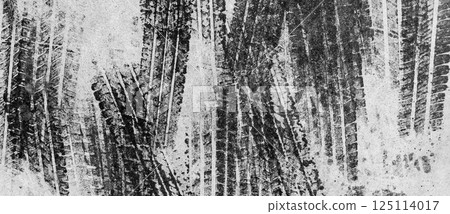 Tire mark on concrete road texture background, Textured background vehicle trace tire mark on concrete road, Tire mark print texture and background of transport vehicle. 125114017