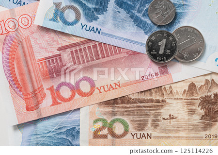 Many of different Chinese yuan banknotes. Chinese paper currency Yuan renminbi banknotes and coins as background. 125114226