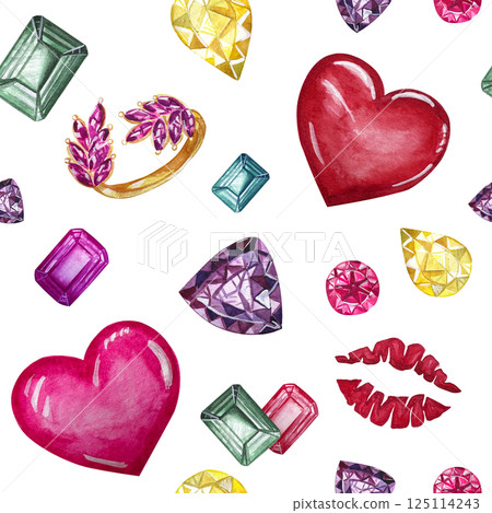 Watercolor painted hearts, cristals, rihg and lips seamless pattern.Watercolor illustration. Color background for valentines day and birthday. 125114243