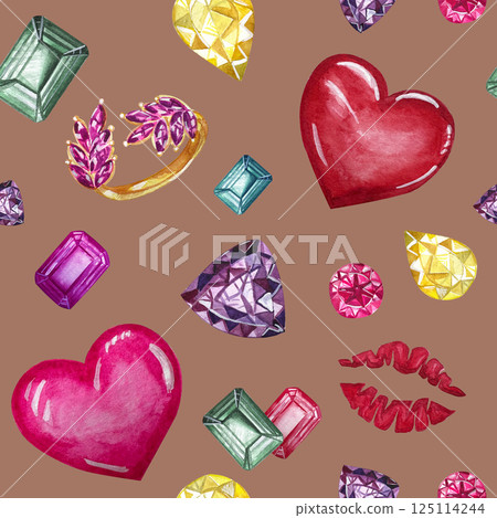 Watercolor painted hearts, cristals, rihg and lips seamless pattern.Watercolor illustration. Color background for valentines day and birthday. 125114244