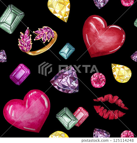 Watercolor painted hearts, cristals, rihg and lips seamless pattern.Watercolor illustration. Color background for valentines day and birthday. 125114248