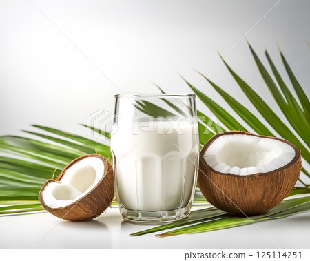 Image of coconut milk in a glass and coconut 125114251