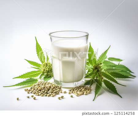 Image of hemp milk in a glass and hemp seeds 125114258