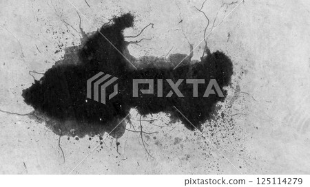 Top view black engine oil drop on concrete ground road, Stain of engine oil dripping on the ground street road, Texture and backgruond engine oil drop on floor, Automobile garage. 125114279