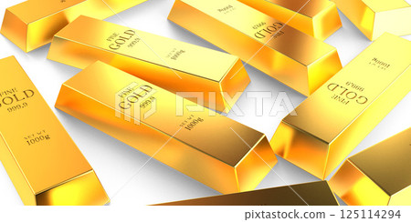 Many scattered gold ingots - 3D illustration Many scattered gold ingots - 3D illustration 125114294