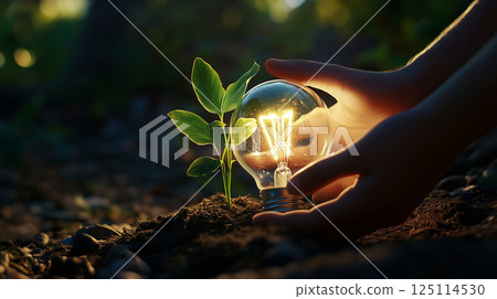Environmental protection image with palm seedlings and glowing light bulbs 125114530