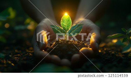 Environmental protection image with palm seedlings and glowing light bulbs 125114539