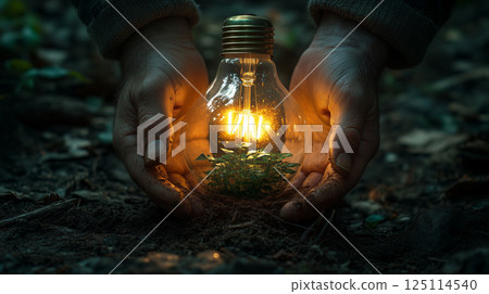 Environmental protection image with palm seedlings and glowing light bulbs 125114540