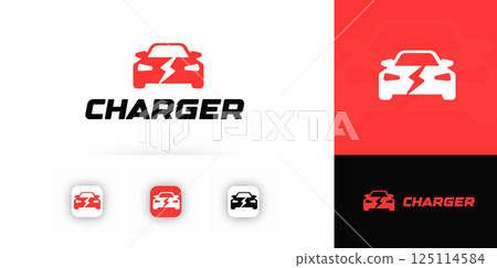 Electric Car Charger Logo with Bold Lightning Bolt and Sports Car Silhouette, Ideal for EV, Energy, and Automotive Brands. Strong, Modern Branding Concept. Vector Illustration Electric Car Charger Logo with Bold Lightning Bolt and Sports Car Silhouette, Ideal for EV, Energy, and Automotive Brands. Strong, Modern Branding Concept. Vector Illustration 125114584