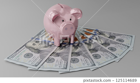 Piggy bank and 100 dollar bills - 3D illustration 125114689