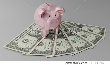 Piggy bank and 1 dollar bills - 3D illustration 125114690