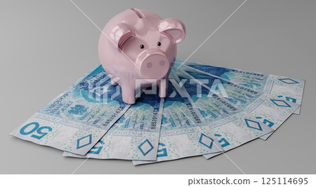 Piggy bank and 50 PLN bills - 3D illustration 125114695