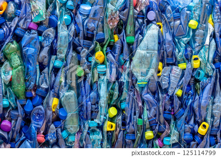 Plastic bottles waste texture and background, Plastic bottles waste, Background and texture of used empty PET bottles, Plastic water bottles pollution in environment, Global warming pollution, Save 125114799