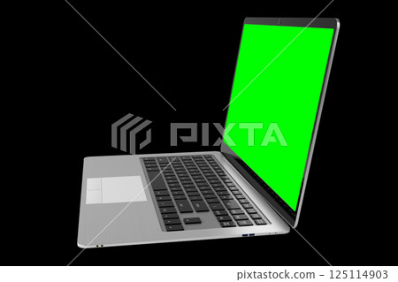 Modern laptop with empty green screen on black background - 3D illustration 125114903