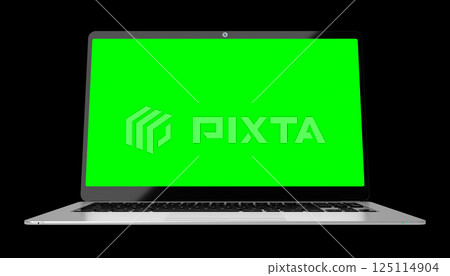 Modern laptop with empty green screen on black background - 3D illustration 125114904