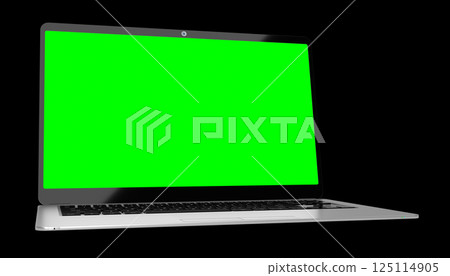 Modern laptop with empty green screen on black background - 3D illustration 125114905