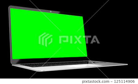 Modern laptop with empty green screen on black background - 3D illustration Modern laptop with empty green screen on black background - 3D illustration 125114906