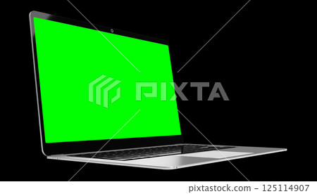 Modern laptop with empty green screen on black background - 3D illustration 125114907