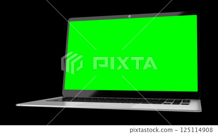 Modern laptop with empty green screen on black background - 3D illustration Modern laptop with empty green screen on black background - 3D illustration 125114908