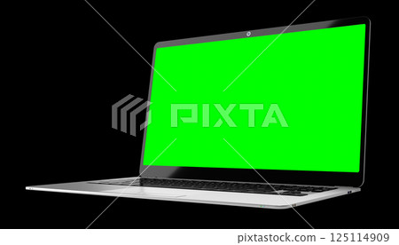 Modern laptop with empty green screen on black background - 3D illustration 125114909