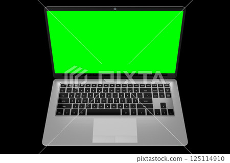 Modern laptop with empty green screen on black background - 3D illustration 125114910