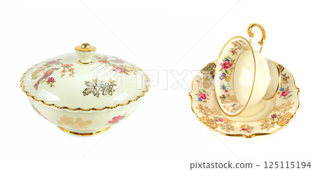 Vintage porcelain candy bowl ,cup and saucer isolated on white background. Collage. Vintage porcelain candy bowl ,cup and saucer isolated on white background. Collage. 125115194