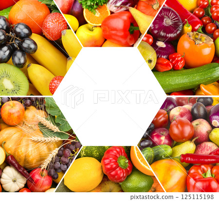 A set of fruits and vegetables. Bright background. 125115198