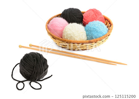 Set of balls of woolen threads and knitting needles isolated on white background. Collage. 125115200