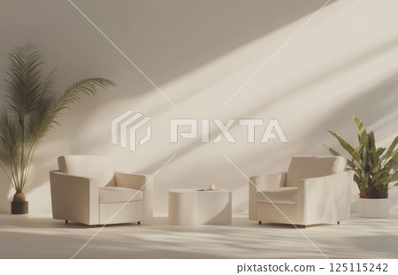 Minimalist interior with two armchairs and coffee table against white wall, soft sunlight, beige color scheme, plants on floor, modern home decor and furniture concept, empty wall mockup 125115242