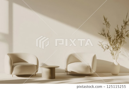 Scandinavian-style interior mockup with two beige armchairs and table, white wall background, indoor plant in vase, front view, soft sunlight, minimalistic home design with copyspace 125115255