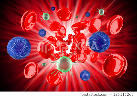 Many red blood and virus cells - 3D illustration 125115263