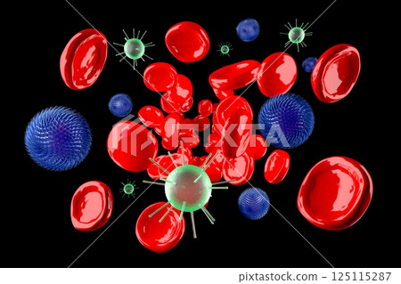 Many red blood and virus cells - 3D illustration 125115287