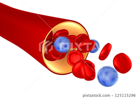 Vessel with red blood and virus cells - 3D... - Stock Illustration ...