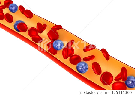 Vessel with red blood and virus cells - 3D illustration 125115300
