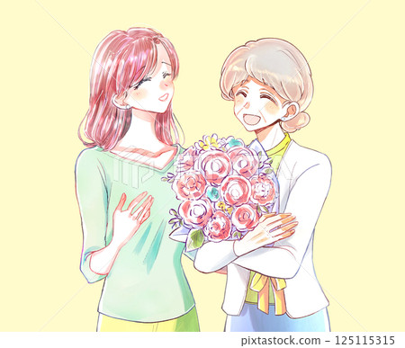 一名婦女向一名老婦人獻花 一名婦女向一名老婦人獻花 125115315