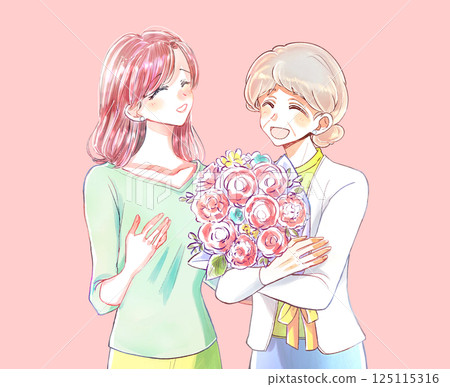 一名婦女向一名老婦人獻花 125115316
