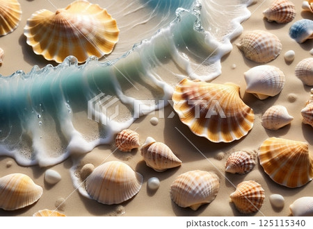 abstract yellow summer background with shells, sand and sea wave abstract yellow summer background with shells, sand and sea wave 125115340