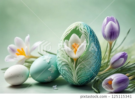 Bright crocus buds and transparent Easter egg on a pastel background 125115341