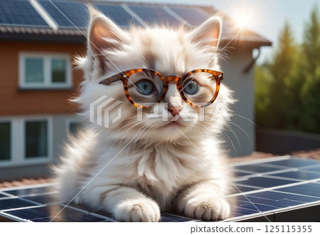 An adorable kitten sits on the edge of a solar panel located on the roof of a house 125115355