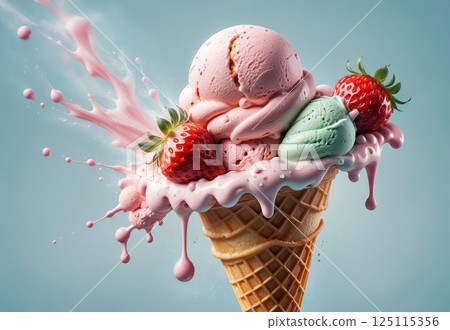 Strawberry fresh cold ice cream in waffle cone on pastel blue background 125115356
