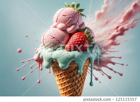 Strawberry fresh cold ice cream in waffle cone on pastel blue background 125115357
