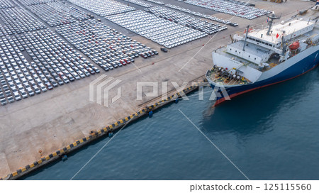 Top view new cars at industrial port import export, New cars park in row stock industrial port parking lot shipping transportation retailer dealership, New cars automotive industry logistics business. 125115560