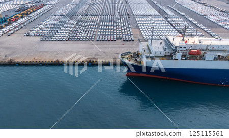 Top view new cars at industrial port import export, New cars park in row stock industrial port parking lot shipping transportation retailer dealership, New cars automotive industry logistics business. Top view new cars at industrial port import export, New cars park in row stock industrial port parking lot shipping transportation retailer dealership, New cars automotive industry logistics business. 125115561