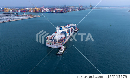 Aerial view container cargo ship at industrial port, Global business shipping logistic cargo ship by container cargo ship, International freight transport container vessel, Sea freight shipping. 125115579