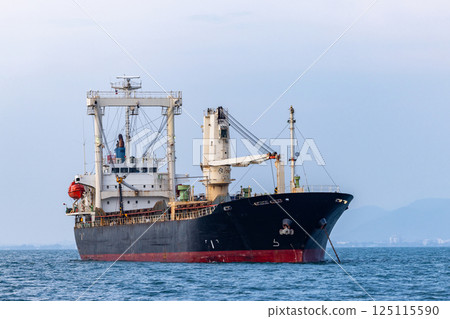 Bulk carrier vessel loading cargo at industrial port with onboard cranes, Maritime cargo opetration bulk ship handling goods at seaport, Heavy bulk cargo tranfer goods operation at sea. 125115590